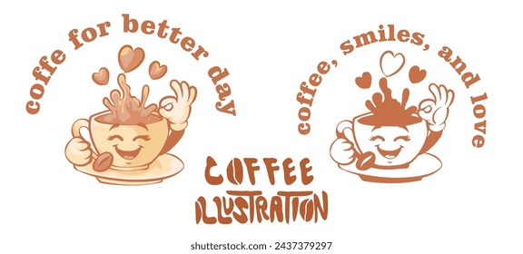 retro illustration of a cup of coffee, female character, love icon, with two coloring concepts, text, isolated vector design. good for printing on t-shirts, apparel, clothes, sticker