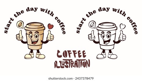 retro illustration of a cup of coffee, with thumbs up pose, coffee beans icon and love. with two coloring concepts, text, isolated vector design. good for printing on t-shirts, clothes, sticker