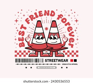 Retro illustration cute cartoon traffic cone t shirt design, vector graphic, typographic poster or streetwear and urban style