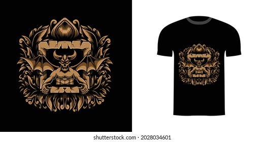 retro illustration demon for tshirt design, badge design character with engraving ornament