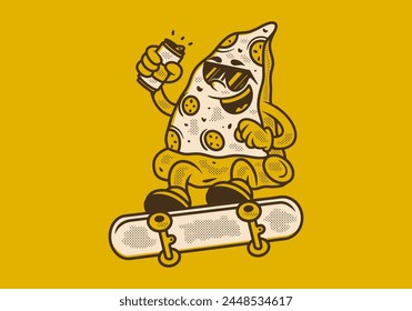 Retro illustration design of pizza character jumping on skateboard