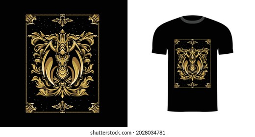 retro illustration dragon for tshirt design, badge design character with engraving ornament