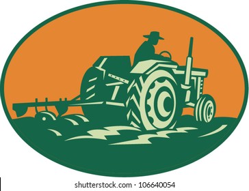 Retro illustration of a farmer worker driving a vintage farm tractor plowing field set inside ellipse.