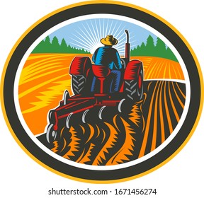 Retro illustration of a farmer worker driving a vintage tractor plowing farm or field viewed from rear set inside oval shape done in woodcut style on isolated background in full color.