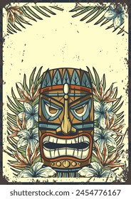 Retro illustration featuring a colorful polynesian tiki mask surrounded by tropical leaves and flowers, surf culture and beach vibes suitable for posters and decorations. Text space.