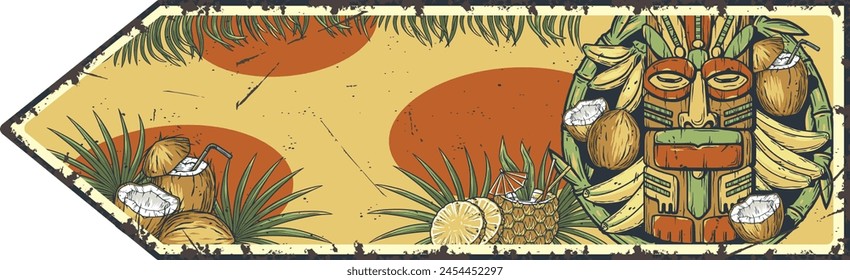 Retro illustration featuring a tiki mask, surfboards, and tropical elements on a beach-themed background, perfect for a vintage surf poster or summer event promotion. Text space.