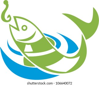 Retro illustration of a fish jumping for bait hook on isolated white background.