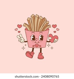 ilustración retro de patatas fritas con corazones y para amantes, patatas fritas lindas 