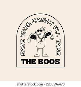 Retro Illustration of Funny Bat with Quote. Vector Character in Vintage Style. Happy Halloween Illustration