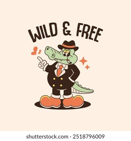 retro illustration of gangster crocodile cartoon character