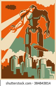 Retro illustration with giant robot. Vector illustration.