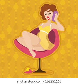 retro illustration of a girl on a red chair talking on the phone