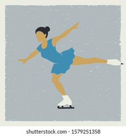 Retro Illustration With Graceful Figure Skater Woman Sliding On An Ice Rink