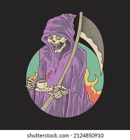 Retro illustration of grim reaper holding a coffee cup