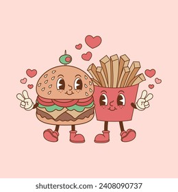 ilustración retro de hamburguesas y patatas fritas juntas y rodeadas de corazones