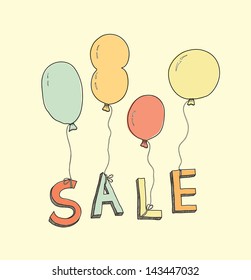Retro illustration of hand drawn balloons with text SALE in pastel colors symbolizing advertisement of goods and services. Isolated on yellow background