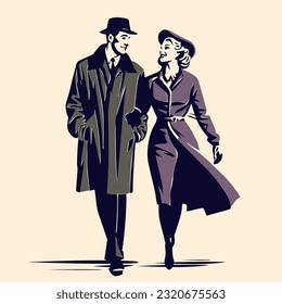 retro illustration of a happy couple walking in winter coats