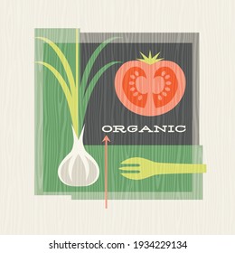 Retro illustration of healthy foods includes garlic and tomato.
Design for posters, menus, decor and social media. Mid century bauhaus style vector illustration.