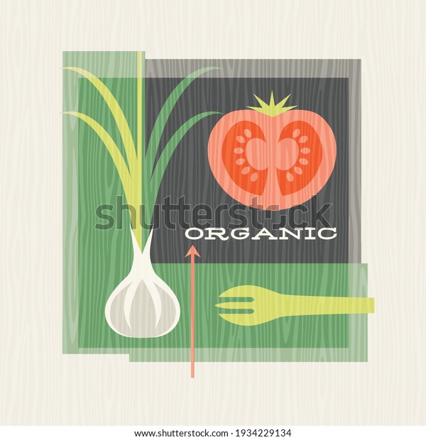 Retro illustration of healthy foods includes garlic and tomato. Design for posters, menus, decor and social media. Mid century bauhaus style vector illustration.