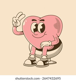 retro illustration of a heart character with a peace symbol sitting and smiling