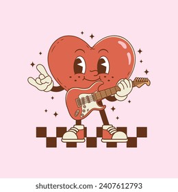 retro illustration of heart holding an electric guitar for playing music