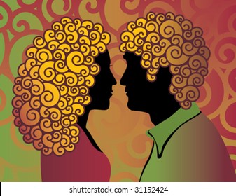 Retro illustration of a hip young couple with curly hair. Background is on separate layer.