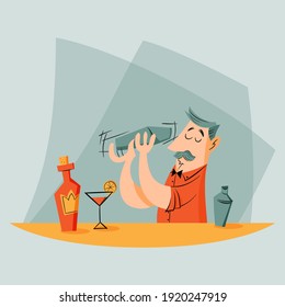 Retro illustration - hipster barman - bartender with cocktail and shaker