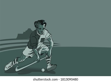 A retro illustration of a hockey player playing in the stadium
