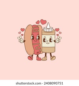 retro illustration of hot dog and jar of mustard as a couple and in love