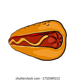 Retro illustration of a hot dog with mustard on a white background. Fast wood. Junk food. Vector illustration for menus, logos, recipes and your design.