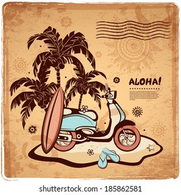 Retro illustration of the island with a palm trees and scooter