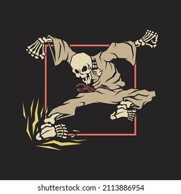 Retro illustration of karate skeleton with kicking pose