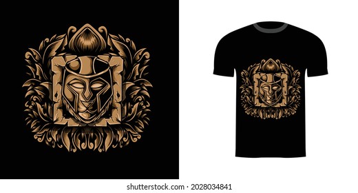 retro illustration lion warrior for tshirt design, badge design character with engraving ornament