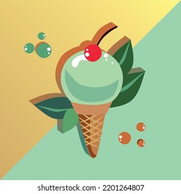 Retro illustration of mint ice cream in a waffle cone.Mint leaves. The square is divided into two triangles-beige and mint colors. Authenticity and retrospective of the USA ice cream parlor.