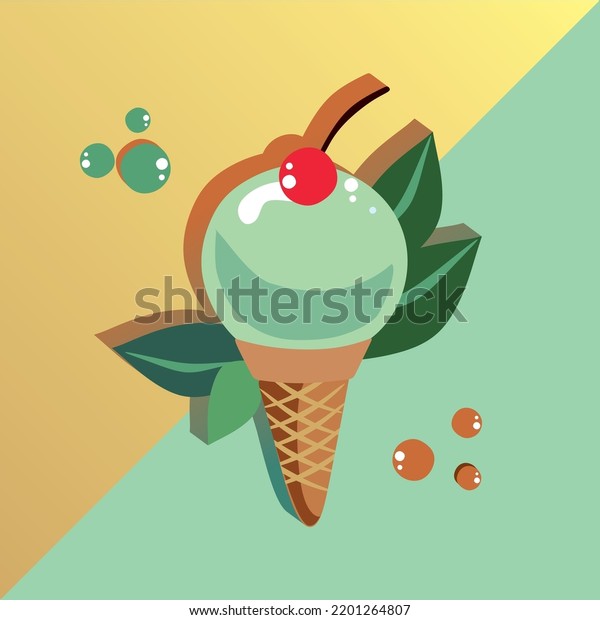 Retro illustration of mint ice cream in a waffle\
cone.Mint leaves. The square is divided into two triangles-beige\
and mint colors. Authenticity and retrospective of the USA ice\
cream parlor.