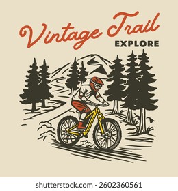 A retro illustration of a mountain biker navigating a curving forest trail surrounded by pine trees and mountains