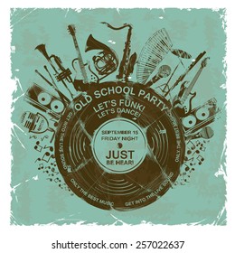 Retro illustration with musical instruments and vinyl record. Music concept. Musical creative invitation