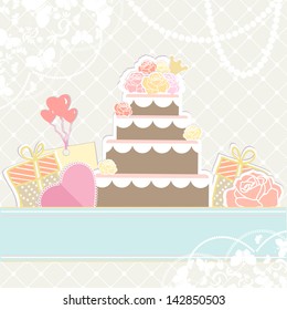 Retro illustration in muted pastel colours of a multi-tiered wedding or birthday cake decorated with roses, gifts and heart shaped party balloons with a blank banner for your message or greeting