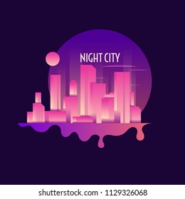 Retro illustration of a night city on a dark background.