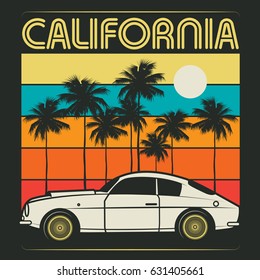 Retro illustration of old classic car, poster with text California, vector illustration