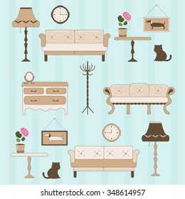 Retro illustration of with old furniture . Illustration with a sofa , a floor lamp and a chest of drawers .