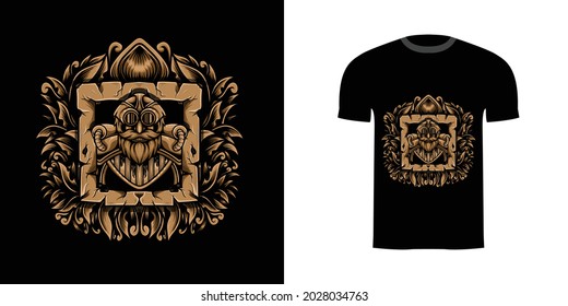 retro illustration old steampunk for tshirt design, badge design character with engraving ornament