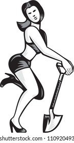 Retro illustration of a pin-up girl female wearing shorts and leaning on spade shovel woodcut style on isolated white background.