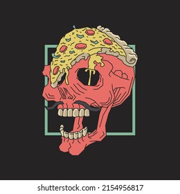 Retro illustration of pizza spilled on skull head