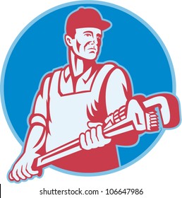 Retro illustration of a plumber worker carrying a giant adjustable monkey wrench viewed from front set inside circle on isolated white background.