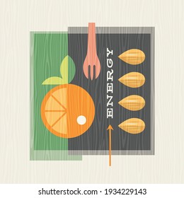 Retro illustration of produce including oranges and almonds. 
Healthy eating design for posters, menus, decor and social media.
Mid century bauhaus style vector illustration.