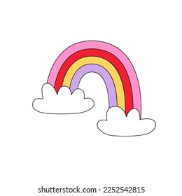 Retro illustration with rainbow and clouds. Groovy sticker about sky. Romantic vector illustration in pastel colors