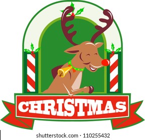 Retro illustration of a reindeer stag deer buck facing side running with arch in background done in retro style.
