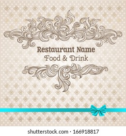 Retro illustration restaurant menu design. Vector vintage baroque engraving floral scroll filigree design