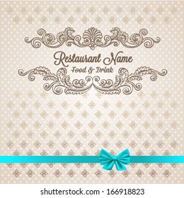 Retro illustration restaurant menu design. Vector vintage baroque engraving floral scroll filigree design